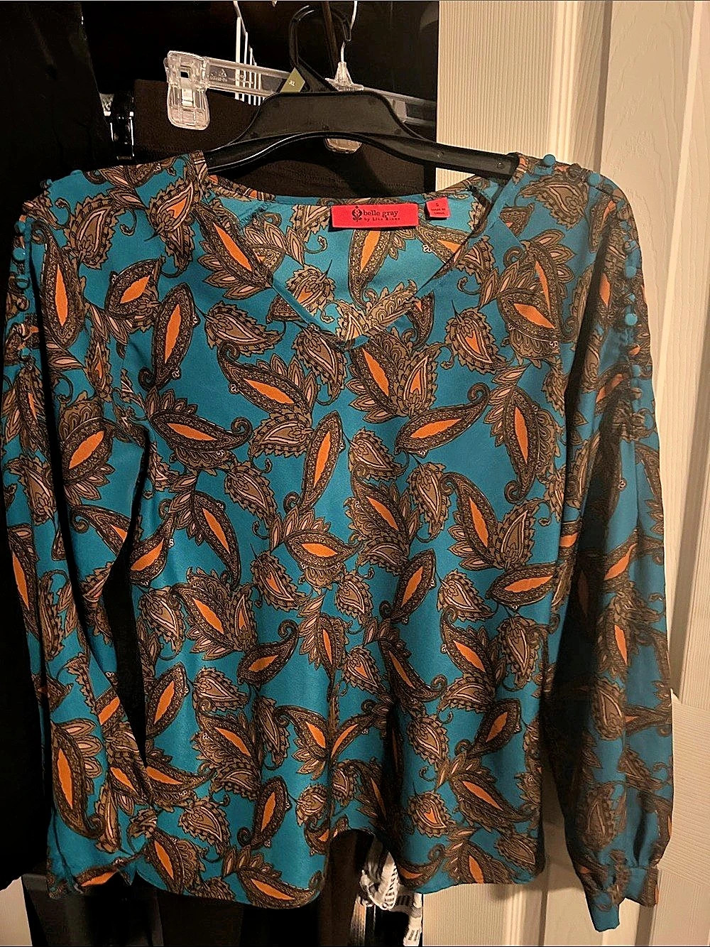 Belle Gray by Lisa Rinna Paisley Long Sleeve Blouse in Blue & Brown Size Small